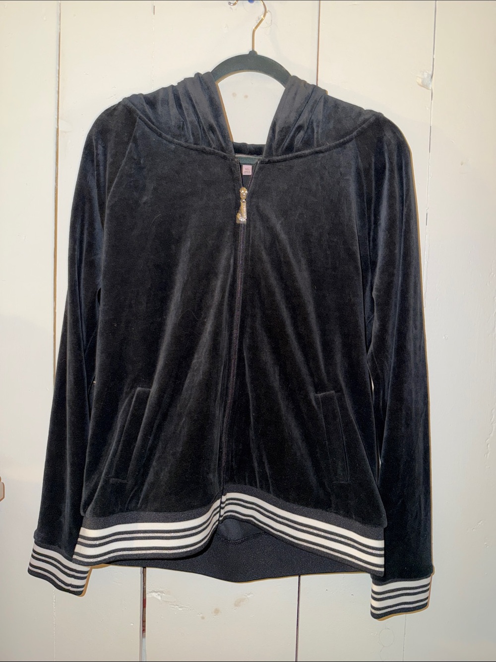 Juicy Black Velour Hooded Zip Jacket with Striped Hem